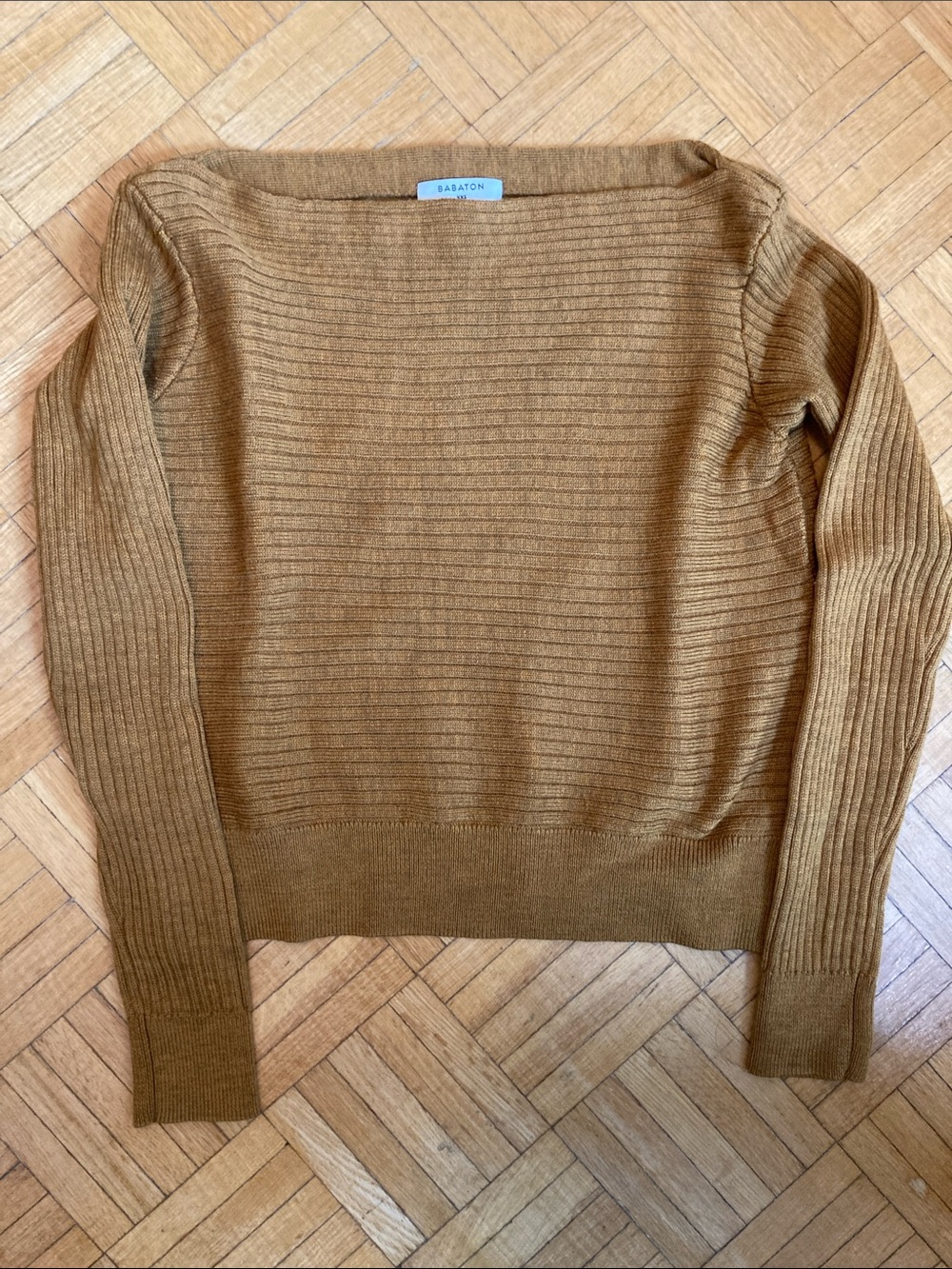Babaton Off-the-Shoulder Merino Wool Sweater in Camel Brown